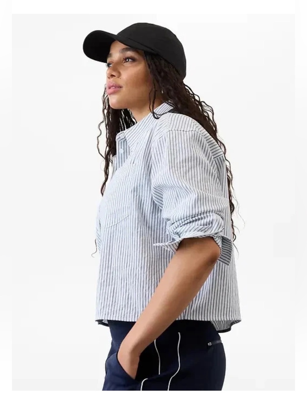 Athleta Midday Cropped Poplin Shirt chemisier court Stripe NWT - Picture 9 of 11